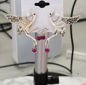 SOLD. Sterling Swan post Dangle earrings with Genuine Rubies and Pearls.